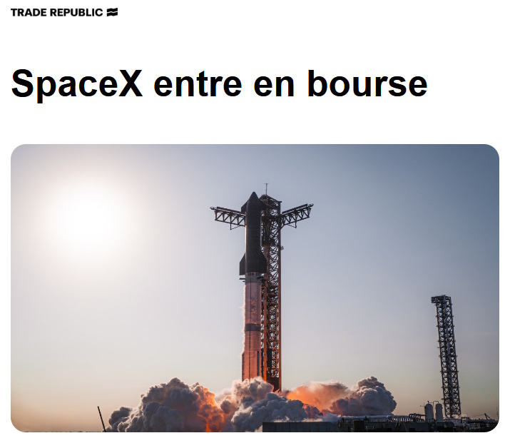 Mail reçu de TradeRepublic concernant l'introduction en bourse de SpaceX